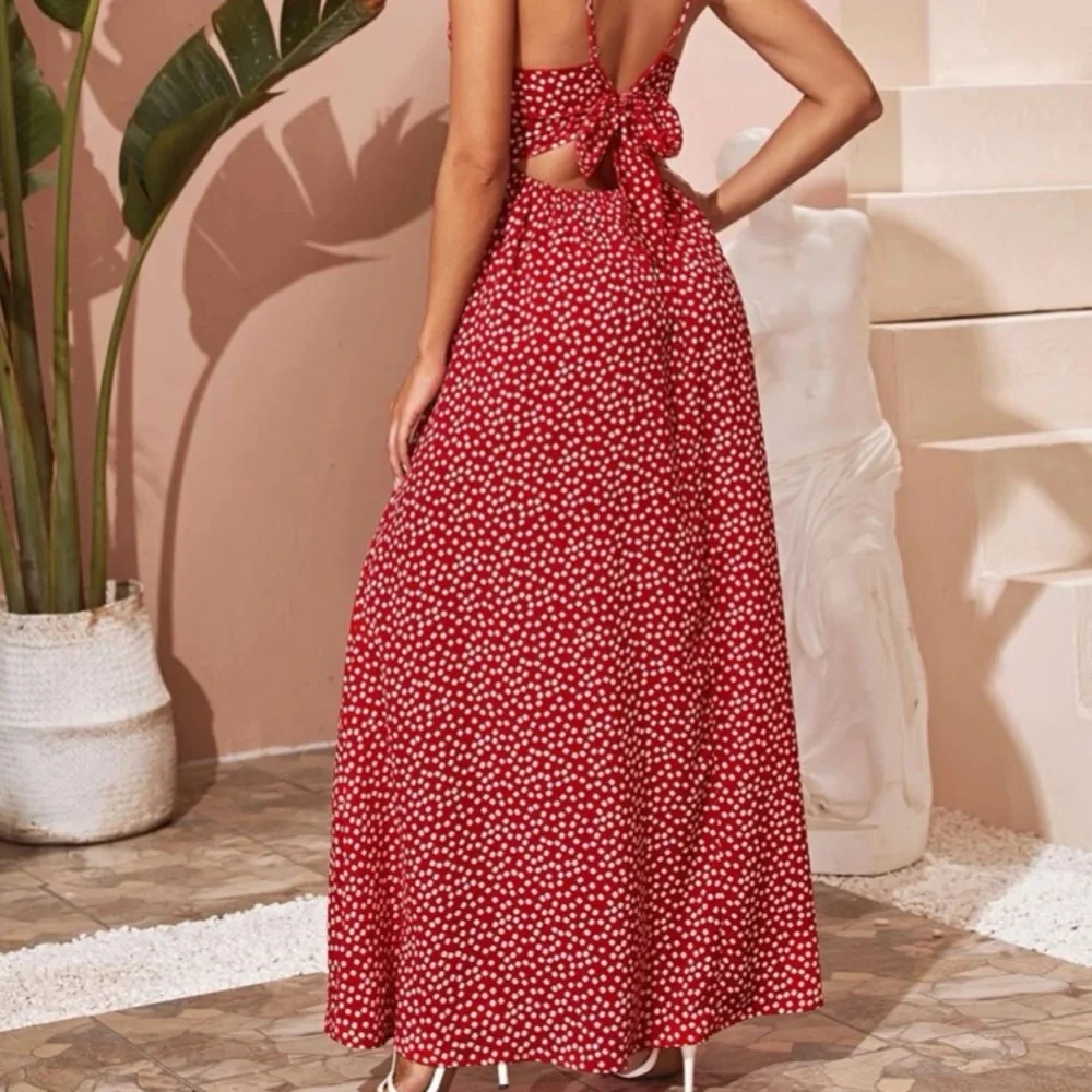 Boho red floral print open tie back back maxi dress - Picture 4 of 5